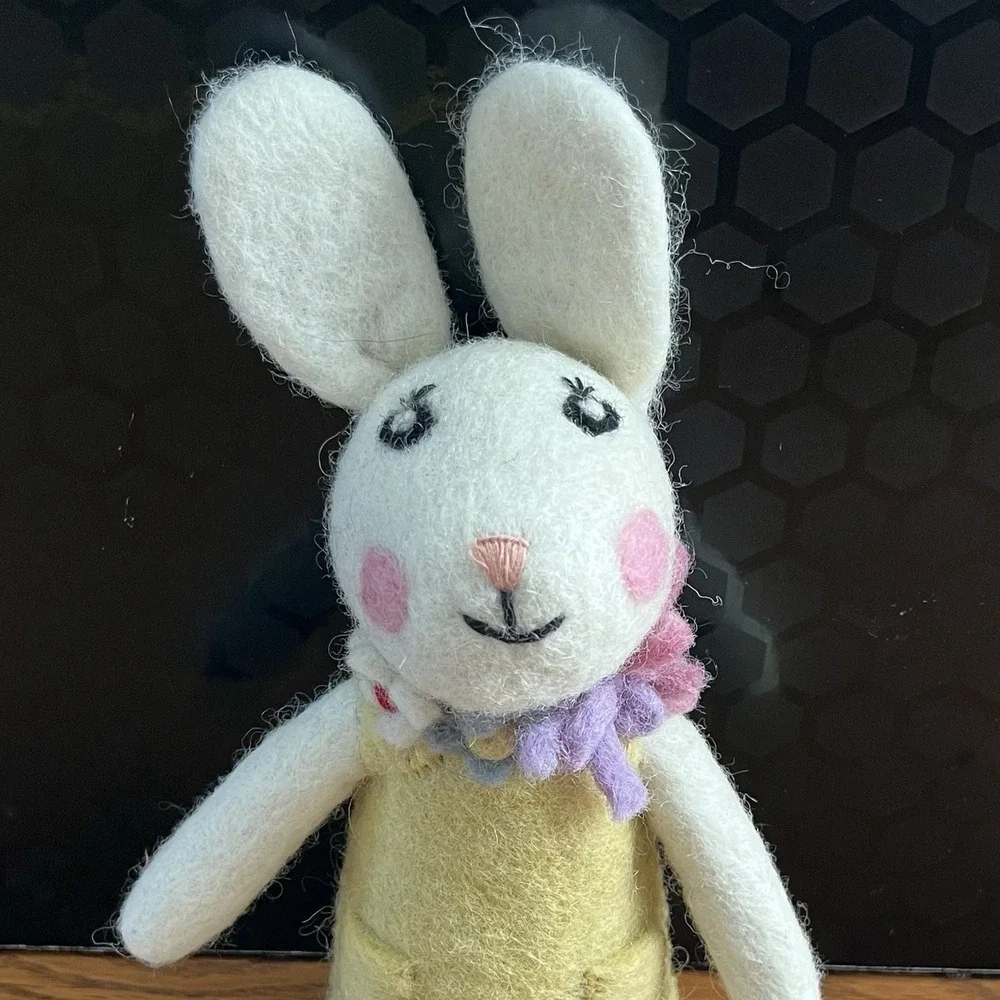 Artist Handmade Needle Felted Bunny Rabbit Girl Yellow Dress Flowers Easter Gift